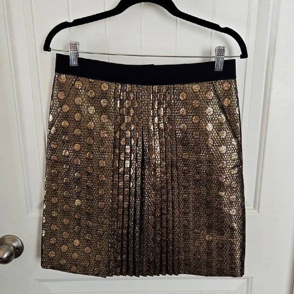 J. Crew Gold Metallic Polka Dot Pleated Mini Skirt Wool Silk Blend Size 2 - Picture 1 of 6